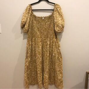 Old Navy Fit and Flare Yellow Puff-Sleeve Floral-Print Mini Dress (XXL)